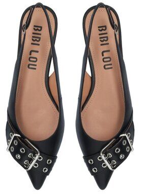 NEW BIBI LOU MOTO Slingback Flats 8 Black Leather Buckles